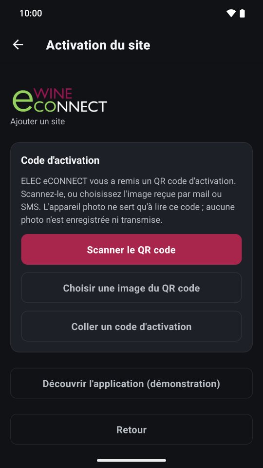 Écran d'activation de l'application WINE eCONNECT : lecture du code QR remis à la mise en service ou accès à la démonstration