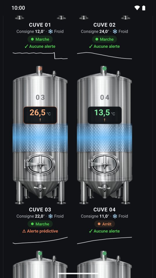 Écran de l'application WINE eCONNECT montrant la cuverie : quatre cuves avec leur température, leur consigne et l'état de leur régulateur